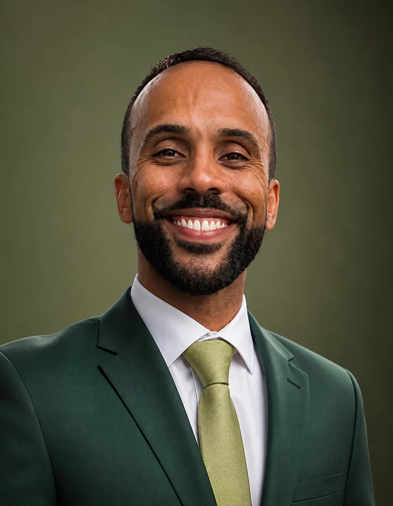 Calvin Daniel smiling in a green suit